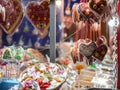 Selective blur on gingerbread hearts on a stand of Belgrade christmas market selling Candies