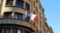 Belgrade, Serbia - January 24, 2020. The French Embassy in Belgrade. The French flag and the flag of the European Union