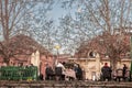 Selective blur on a grop of serbs, young eating in exterior at the terrace of a restaurant in Zemun