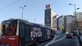 Belgrade / Serbia - January 24, 2020: Slavia Square in the center of Belgrade. Roundabout. Active traffic, cars, public transport