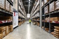 Belgrade, Serbia - January 02, 2023: Warehouse aisle in IKEA store. IKEA furniture warehouse area