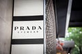 BELGRADE, SERBIA - JULY 16, 2023: Prada Eyewear logo in front of their main boutique for Belgrade. Prada is a luxury fashion