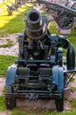 Howitzer gun on stone foundation as part of outdoor exposition of various artillery weapons on territory of Belgrade fortress