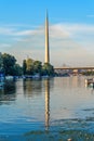 Belgrade, Serbia - 20 June, 2018: Side view of Ada bridge with reflection over Belgrade marina on Sava river Royalty Free Stock Photo