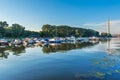 Belgrade, Serbia - 20 June, 2018: Side view of Ada bridge with reflection over Belgrade marina on Sava river Royalty Free Stock Photo