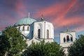 Belgrade, Serbia. June 28. 2020. View of bell towers of St. Sava temple of Serbian Orthodox Church on Slavia square in Serbian