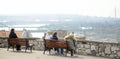 Belgrade, Serbia - March 7, 2023: People are relaxing on benches on observation deck of Kalemegdan Park located nearby Belgrade