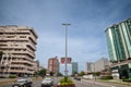 BELGRADE, SERBIA - MAY 14, 2023: Cars driving on Ulica Milentija Popovica street in Novi Beograd with a business building in front