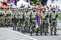 Rows of military troop marching on streets during sunny summer day Royalty Free Stock Photo