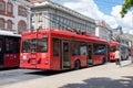 Belgrade, Serbia - May 30, 2021: Red Trolleybuses at Students Square in downtown Belgrade, capital of Serbia