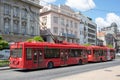 Belgrade, Serbia - May 30, 2021: Red Trolleybuses at Students Square in downtown Belgrade, capital of Serbia