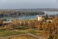 Panoramic sunset view of Belgrade Fortress, Kalemegdan Park, Sava and Danube Rivers in city Royalty Free Stock Photo