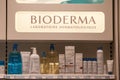 Bioderma logo on a shelf of products of the brand. Royalty Free Stock Photo