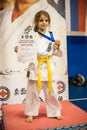 Kids and children winners receive cups and medals on podium Royalty Free Stock Photo