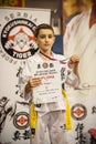 Kids and children winners receive cups and medals on podium Royalty Free Stock Photo