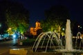 Belgrade, Serbia: St. Mark`s Church in the background, Tasmajdan Park. Night landscape with fountain Royalty Free Stock Photo