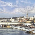 Belgrade Winter Panorama with Sava River Promenade at Savamala area with Branko`s bridge and St. Michael`s Bell Tower