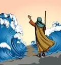 Moses with the staff at the sea. Vector drawing