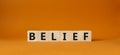 Belief symbol. Concept word Belief on wooden cubes. Beautiful orange background. Business and Belief concept. Copy space