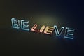 Believe and lie word glow alphabet on dark background 3D render illustration Royalty Free Stock Photo