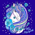 Believe in magic. A beautiful, rainbow unicorn with a rose. Vector illustration for your design.