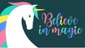 Believe in magic fantasy Illustration. Colored unicorn silhouette, cloud and inspiration, encourage, motivation quotes