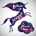 Believe in magic lettering, watercolor unicorn and cloud silhouette