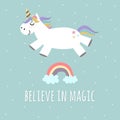 Believe in Magic poster, greeting card with cute unicorn and rainbow