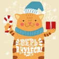 Believe in miracles. Phrase in Russian. Cat with a gift and an inscription on its belly. Happy new year 2021.