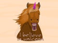 Believe in unicorns. Horse with colorful horn.