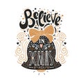 Believe in X mas- Christmas typographic poster, greeting card, print. Winter holiday saying.Hand lettering inside Christmas bell. Royalty Free Stock Photo