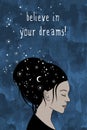 believe in your dreams! - hand drawn female portrait