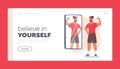 Believe in Yourself Landing Page Template. Male Character with Low Self Esteem, Loathing and Anger. Athlete Reflection