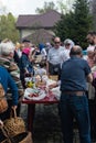 Believers consecrate Easter eggs and Easter cakes in church Royalty Free Stock Photo