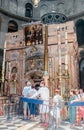 Believers stand in line to touch the Holy Sepulcher in the Church of the Holy Sepulchre in the old city of Jerusalem, Israel. Royalty Free Stock Photo