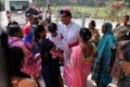 Believers welcome the bishop in front of Our Lady of Lourdes Church in Kumrokhali, India