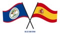 Belize and Spain Flags Crossed And Waving Flat Style. Official Proportion. Correct Colors