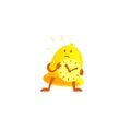 Bell alarm character mascot with a clock in his hands expectation. Call clock signal golden yellow.