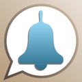 Bell Alarm, hand bell sign. Bright cerulean icon in white speech balloon at pale taupe background. Illustration