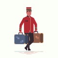 Bell boy carrying suitcases service concept bellboy holding luggage male hotel worker in uniform full length flat