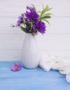 Bell, chrysanthemum vase elegance textile vintage summer on a wooden background Royalty Free Stock Photo