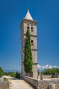 Bell and clock tower of a Church of the Nativity of the Blessed Virgin Mary in Zaton Royalty Free Stock Photo