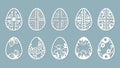 Bell, cross, leaves, flowers, chamomile carved in egg. Vector illustration. Easter eggs for Easter holidays. Set of paper Easter