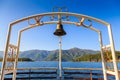 Bell on ferry of Lake Kawaguchi, Kawaguchigo, Japan on blue sky background.