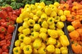 Bell pepper of different colors on the shop window. Organic products. Royalty Free Stock Photo