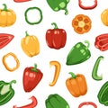 Bell pepper pattern. Seamless print of red green yellow ripe sliced raw and whole sweet vegetable, cartoon organic paprika texture Royalty Free Stock Photo