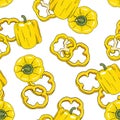 Bell pepper seamless pattern. Tasty yellow vegetables stock vector illustration. Hand drawn cartoon slices and whole peppers