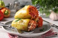 Bell Pepper Stuffed with rice and minced beef in tomato sauce in a plate on light gray background, Closeup Royalty Free Stock Photo