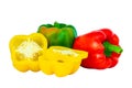 Red, yellow and green bell peppers isolated with white background and clipping path Royalty Free Stock Photo