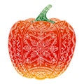 Bell Pepper Vegetable Ukrainian Ornament Hand Drawn Pattern. Outline Coloured Royalty Free Stock Photo